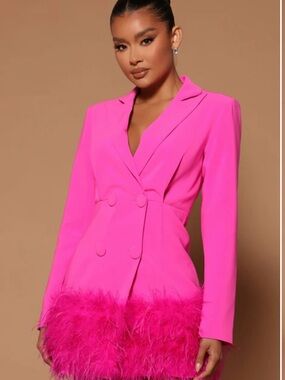 Fashion Nova  Pink Feather-Hem Double-Breasted Blazer